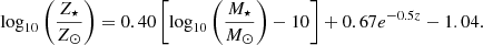 $$ \begin{aligned} \log _{10}\left(\frac{Z_\star }{{Z}_\odot }\right) = 0.40\left[\log _{10}\left(\frac{M_\star }{{M}_\odot }\right) - 10\right] +0.67e^{-0.5z}-1.04. \end{aligned} $$