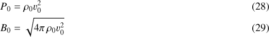 \begin{flalign}P_0 &= \rho_0 v_0^2\\ B_0 &= \sqrt{4\pi \, \rho_0 v_0^2} \end{flalign}