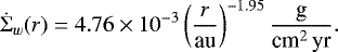 \begin{equation*} \dot{\Sigma}_w (r) = 4.76 \times 10^{-3} \left( \frac{r}{\textrm{au}} \right)^{-1.95} \frac{\textrm{g}}{\textrm{cm}^2\, \textrm{yr}} .\end{equation*}