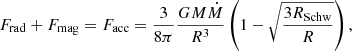 $$ \begin{aligned} F_{\rm rad} + F_{\rm mag} = F_{\rm acc} = \frac{3}{8\pi } \frac{GM\dot{M}}{R^3} \left(1 - \sqrt{\frac{3R_{\rm Schw}}{R}} \right), \end{aligned} $$