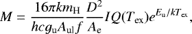 \begin{equation*}\centering M= \frac{16\pi k m_{\textrm{H}}}{hc g_{\textrm{u}} A_{\textrm{ul}} f}\frac{D^{2}}{A_{\textrm{e}}} I Q(T_{\textrm{ex}})e^{E_{\textrm{u}}/kT_{\textrm{ex}}}, \end{equation*}