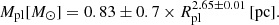 $$ \begin{aligned} M_{\rm pl}[{M}_\odot ] = 0.83 \pm 0.7 \times R^{2.65 \pm 0.01}_{\rm pl}\, [\mathrm{pc} ]. \end{aligned} $$