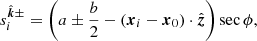 $$ \begin{aligned} s_i^{\hat{\boldsymbol{k}}\pm } = \left(a \pm \frac{b}{2} - \left({\boldsymbol{x}}_i - {\boldsymbol{x}}_0\right) \cdot \hat{\boldsymbol{z}}\right) \sec \phi , \end{aligned} $$