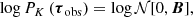 $$ \begin{aligned} \log P_{K}\left({\boldsymbol{\tau }_{\rm obs}} \right) = \log \mathcal{N} [0, \boldsymbol{B}], \end{aligned} $$