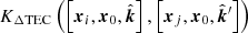 $ K_{\Delta\mathrm{TEC}}\left(\left[{\boldsymbol{x}}_i, {\boldsymbol{x}}_0, \hat{{\boldsymbol{k}}}\right], \left[{\boldsymbol{x}}_j, {\boldsymbol{x}}_0, \hat{{\boldsymbol{k}}}{^{\prime}}\right]\right) $