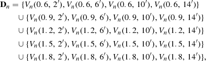 Mathematical equation: $$ \begin{aligned} \mathbf D _{n}&= \{ V_{n}(0.6, \, {2^{\prime }}), V_{n}(0.6, \, {6^{\prime }}), V_{n}(0.6, \, {10^{\prime }}), V_{n}(0.6, \, {14^{\prime }}) \} \nonumber \\&\quad \cup \{ V_{n}(0.9, \, {2^{\prime }}), V_{n}(0.9, \, {6^{\prime }}), V_{n}(0.9, \, {10^{\prime }}), V_{n}(0.9, \, {14^{\prime }}) \} \nonumber \\&\quad \cup \{ V_{n}(1.2, \, {2^{\prime }}), V_{n}(1.2, \, {6^{\prime }}), V_{n}(1.2, \, {10^{\prime }}), V_{n}(1.2, \, {14^{\prime }}) \} \nonumber \\&\quad \cup \{ V_{n}(1.5, \, {2^{\prime }}), V_{n}(1.5, \, {6^{\prime }}), V_{n}(1.5, \, {10^{\prime }}), V_{n}(1.5, \, {14^{\prime }}) \} \nonumber \\&\quad \cup \{ V_{n}(1.8, \, {2^{\prime }}), V_{n}(1.8, \, {6^{\prime }}), V_{n}(1.8, \, {10^{\prime }}), V_{n}(1.8,\,{14^{\prime }})\},\nonumber \end{aligned} $$
