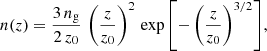 Mathematical equation: $$ \begin{aligned} n(z) = \frac{3 \, n_{\mathrm{g}}}{2 \, z_0} \, \left( \frac{z}{z_0} \right)^2 \,\exp { \left[ -\left( \frac{z}{z_0} \right)^{3/2} \right]},\end{aligned} $$