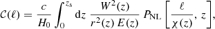 Mathematical equation: $$ \begin{aligned} {\mathcal{C} }(\ell ) = \frac{c}{H_0} \int _{0}^{z_{\rm s}} {\mathrm{d} z \; \frac{W^2(z)}{r^2(z) \, E(z)} \, P_{\rm NL}\left[ \frac{\ell }{\chi (z)}, \, z \right]} , \end{aligned} $$