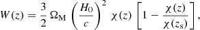 Mathematical equation: $$ \begin{aligned} W(z) = \frac{3}{2} \, \Omega _{\rm M} \, \left( \frac{H_0}{c} \right)^2 \, \chi (z) \, \left[1 - \frac{\chi (z)}{\chi (z_{\rm s})} \right], \end{aligned} $$