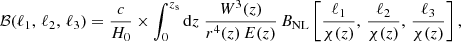 Mathematical equation: $$ \begin{aligned} {\mathcal{B} }(\ell _1, \, \ell _2, \, \ell _3)&= \frac{c}{H_0} \times \int _{0}^{z_{\mathrm{s}}} {\mathrm{d} z \; \frac{W^3(z)}{r^4(z) \, E(z)} \, B_{\rm NL}\left[ \frac{\ell _1}{\chi (z)}, \, \frac{\ell _2}{\chi (z)}, \, \frac{\ell _3}{\chi (z)} \right],} \end{aligned} $$