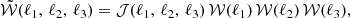 Mathematical equation: $$ \begin{aligned} {\tilde{\mathcal{W} }}(\ell _1, \, \ell _2, \, \ell _3) = {\mathcal{J} }(\ell _1, \, \ell _2, \, \ell _3) \, {\mathcal{W} }(\ell _1) \, {\mathcal{W} }(\ell _2) \, {\mathcal{W} }(\ell _3) , \end{aligned} $$