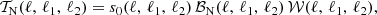 Mathematical equation: $$ \begin{aligned}&{\mathcal{T} }_{\mathrm{N}}(\ell , \, \ell _1, \, \ell _2) = s_0(\ell , \, \ell _1, \, \ell _2) \, {\mathcal{B} }_{\mathrm{N}}(\ell , \, \ell _1, \, \ell _2) \, {\mathcal{W} }(\ell , \, \ell _1, \, \ell _2), \end{aligned} $$