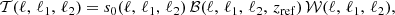 Mathematical equation: $$ \begin{aligned}&{\mathcal{T} }(\ell , \, \ell _1, \, \ell _2) = s_0(\ell , \, \ell _1, \, \ell _2) \, {\mathcal{B} }(\ell , \, \ell _1, \, \ell _2, \, z_{\mathrm{ref}}) \, {\mathcal{W} }(\ell , \, \ell _1, \, \ell _2), \end{aligned} $$