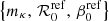 Mathematical equation: $ \left \{m_{\kappa}, \, {\mathcal{R}}_{0}^{\mathrm{\mathrm{ref}}}, \, \beta_{0}^{\mathrm{\mathrm{ref}}} \right \} $