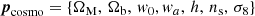 Mathematical equation: $$ \begin{aligned} {\boldsymbol{p}}_{\mathrm{cosmo}} = \left\{ \Omega _{\mathrm{M}}, \, \Omega _{\mathrm{b}}, \, { w}_0, { w}_a, \, h, \, n_{\mathrm{s}}, \, \sigma _8 \right\} \end{aligned} $$