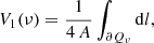 Mathematical equation: $$ \begin{aligned}&V_1(\nu ) = \frac{1}{4 \, A} \int _{\partial Q_{\nu }}{\mathrm{d} l}, \end{aligned} $$