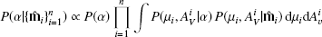 $$ \begin{aligned} P(\alpha |\{\mathbf{\hat{m} }_i\}_{i=1}^{n}) \propto P(\alpha ) \prod _{i=1}^{n} \int P(\mu _i,A_V^i|\alpha ) \, P(\mu _i, A_V^i|\mathbf{\hat{m} }_i) \, \mathrm{d}\mu _i \mathrm{d}A_v^i \end{aligned} $$