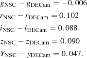 $$ \begin{aligned}&{g}_\mathrm{NSC} - {g}_\mathrm{DECam} = -0.006 \\&r_\mathrm{NSC} - r_\mathrm{DECam} = 0.102 \\&i_\mathrm{NSC} - i_\mathrm{DECam} = 0.088 \\&z_\mathrm{NSC} - z_\mathrm{DECam} = 0.090 \\&Y_\mathrm{NSC} - { y}_\mathrm{DECam} = 0.047. \end{aligned} $$