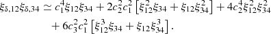 $$ \begin{aligned} \xi _{\delta , 12}\xi _{\delta , 34}&\simeq c_1^4 \xi _{12}\xi _{34} + 2c_2^2c_1^2\left[ \xi _{12}^2\xi _{34} + \xi _{12}\xi _{34}^2\right] + 4 c_2^4\xi _{12}^2\xi _{34}^2 \nonumber \\&\quad + 6c_3^2 c_1^2 \left[ \xi _{12}^3\xi _{34} + \xi _{12}\xi _{34}^3 \right]. \end{aligned} $$