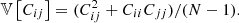 $$ \begin{aligned} \mathbb{V} \left[{C_{ij}}\right] = (C_{ij}^2 + C_{ii}C_{jj})/(N-1). \end{aligned} $$