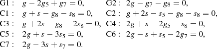 $$ \begin{aligned} \begin{array}{llll} \mathrm{G1}:&{g}-2{g}_5+{g}_7=0,&\!\!\mathrm{G2}:&\!\! 2{g}-{g}_7-{g}_8=0, \\ \mathrm{C1}:&{g}+s-{g}_8-s_8=0,&\!\!\mathrm{C2}:&\!\!{g}+2s-s_5-{g}_8-s_8=0, \\ \mathrm{C3}:&{g}+2s-{g}_8-2s_8=0,&\!\!\mathrm{C4}:&\!\! 2{g}+s-2{g}_5-s_8=0, \\ \mathrm{C5}:&2{g}+s-3s_5=0,&\!\!\mathrm{C6}:&\!\!2{g}-s+s_5-2{g}_7=0, \\ \mathrm{C7}:&2{g}-3s+s_7=0.&\,&\\ \end{array} \end{aligned} $$