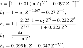 $$ \begin{aligned}&s = \left[ 1+0.01\,(\ln Z)^{3/2} + 0.097\,Z^{-2} \right]^{-1}, \nonumber \\&b_1 = 1 - a_1 \,Z^{-0.267} + 0.27\,Z^{-1}, \nonumber \\&b_2 = 1 + \frac{2.25}{Z^{1/3}}\, \frac{1+a_2\,Z^5+0.222\,Z^6}{1+0.222\,Z^6}, \nonumber \\&b_3 = \frac{a_4}{1+\ln Z}, \nonumber \\&b_4 = 0.395 \ln Z + 0.347\, Z^{-3/2}. \end{aligned} $$