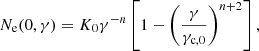 $$ \begin{aligned} N_{\rm e}(0,\gamma ) = K_0 \gamma ^{-n}\left[1 - \left(\frac{\gamma }{\gamma _{\rm c,0}}\right)^{n+2}\right], \end{aligned} $$