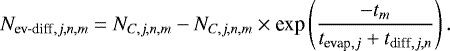 \begin{equation*}N_{\textrm{ev-diff},j,n,m} = N_{C,j,n,m} - N_{C,j,n,m} \times {\textrm{exp}}\left(\frac{-t_m}{t_{\textrm{evap},j}&#x002B;t_{\textrm{diff},j,n}}\right) . \end{equation*}
