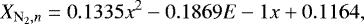 \begin{equation*}X_{{\textrm{N}_2},n} = 0.1335x^2 - 0.1869E-1x &#x002B; 0.1164, \end{equation*}