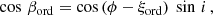 $$ \begin{aligned} \cos \,\beta _{\mathrm{ord} } = \cos \,(\phi -\xi _\mathrm{ord} ) ~ \sin \,i\, , \end{aligned} $$