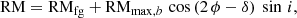 $$ \begin{aligned} \mathrm{RM} = \mathrm{RM}_\mathrm{fg} + \mathrm{RM}_{\mathrm{max} ,b} \, \cos \,(2\,\phi - \delta ) ~ \sin \,i, \end{aligned} $$