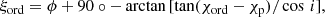 $$ \begin{aligned} \xi _\mathrm{ord} = \phi + 90\circ - \arctan \, [ \tan (\chi _\mathrm{ord} -\chi _\mathrm{p} ) / \cos \,i], \end{aligned} $$