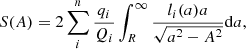 $$ \begin{aligned} S(A)=2 \sum _i^n \frac{q_i}{Q_i} \int _R^\infty \frac{l_{i}(a) a}{\sqrt{a^2-A^2}}\mathrm{d}a, \end{aligned} $$