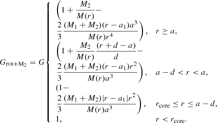 $$ \begin{aligned} G_{\mathrm{rot}+\mathrm{M}_{2}} = G{\left\{ \begin{array}{ll} \left( 1+\dfrac{M_{2}}{M(r)}-\right.\\ \left.\dfrac{2}{3}\dfrac{(M_{1}+M_{2})(r-a_{1})a^{3}}{M(r)r^{4}}\right),&r\ge a, \\ \left(1+\dfrac{M_{2}}{M(r)}\dfrac{(r+d-a)}{d}-\right.\\ \left.\dfrac{2}{3}\dfrac{(M_{1}+M_{2})(r-a_{1})r^{2}}{M(r)a^{3}}\right),&a-d < r<a, \\ \left( 1-\right.\\ \left.\dfrac{2}{3}\dfrac{(M_{1}+M_{2})|r-a_{1}|r^{2}}{M(r)a^{3}}\right),&r_{\mathrm{core}}\le r\le a-d, \\ 1,&r < r_{\rm core}. \end{array}\right.} \end{aligned} $$