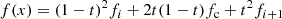 $$ \begin{aligned}&f(x)=(1-t)^2f_{i}+ 2t(1-t)f_{\mathrm{c}} + t^2 f_{i+1}\end{aligned} $$