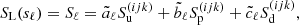 $$ \begin{aligned} S_{\rm L}(s_{{\ell }}) = S_{{\ell }} = \tilde{a}_{{\ell }}S_{\mathrm{u}}^{({ijk})} + \tilde{b}_{{\ell }}S_{\mathrm{p}}^{({ijk})} + \tilde{c}_{{\ell }}S_{\mathrm{d}}^{({ijk})}, \end{aligned} $$