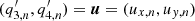 $ (q^\prime_{3,n},q^\prime_{4,n})=\boldsymbol{u} = (u_{x,n},u_{y,n}) $