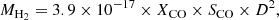 $$ \begin{aligned} {M_{{\mathrm{H} }_2}} = 3.9 \times 10^{-17} \times X_{\rm CO} \times S_{\rm CO} \times D^2, \end{aligned} $$