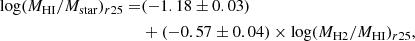 $$ \begin{aligned} {\log (M_{\rm HI}/M_{\rm star})_{r25}} =&(-1.18 \pm 0.03)\nonumber \\& + {(-0.57 \pm 0.04) \times \log (M_{\rm H2}/M_{\rm HI})_{r25}}, \end{aligned} $$