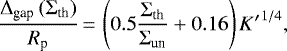 \begin{align*} \frac{\Delta_{\textrm{gap}} \left(\Sigma_{\textrm{th}}\right)}{R_{\textrm{p}}}\,{=}\,\left( 0.5 \frac{\Sigma_{\textrm{th}}}{\Sigma_{\textrm{un}}} &#x002B;0.16 \right) {K^{\prime}}^{1/4}, \end{align*}