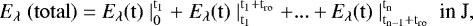 \begin{equation*} E_{\lambda}~(\rm total)= \textit{E}_{\lambda} (t)\mid_{0}^{t_1} &#x002B; \;\textit{E}_{\lambda} (t)\mid_{t_1}^{t_1&#x002B;t_{\textrm{ro}}} &#x002B;...&#x002B; \textit{E}_{\lambda} (t)\mid_{t_{n-1}&#x002B;t_{\textrm{ro}}}^{t_n}~\textrm{in~J},\end{equation*}