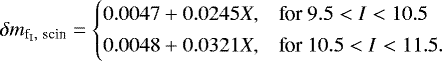 \begin{equation*} \delta m_{\textrm{f}_{\textrm{I}},~\textrm{scin}}= \begin{cases} 0.0047&#x002B;0.0245X, & \text{for $9.5<I<10.5$}\\[2pt] 0.0048&#x002B;0.0321X, & \text{for $10.5<I<11.5$}. \end{cases}\end{equation*}