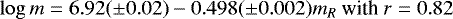 \begin{equation*} \log m=6.92(\pm0.02)-0.498(\pm0.002) m_{R}~\textrm{with}~r=0.82\end{equation*}