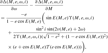 $$ \begin{aligned}&\frac{\partial \Delta (M, e, \omega , i)}{\partial \omega } - \frac{\partial \Delta (M, e, \omega , i)}{\partial M} \nonumber \\&= \frac{- e}{1 - e \cos E(M, e)} \Bigg ( \sin E(M, e) \Upsilon (M, e, \omega , i) \nonumber \\&\qquad + \frac{\sin ^2 i \sin (2 \nu (M, e) + 2 \omega )}{2 \Upsilon (M, e, \omega , i) (\sqrt{1-e^2}+(1-e \cos E(M, e))^2)} \nonumber \\&\qquad \times (e + \cos E(M, e) \mathcal{T} (e \cos E(M, e))) \Bigg ), \end{aligned} $$