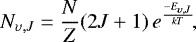 \begin{equation*} N_{\upsilon,J}=\frac{N}{Z}(2J&#x002B;1)\,e^{\frac{-E_{\upsilon,J}}{kT}}\!,\end{equation*}