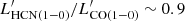 Mathematical equation: $ L^\prime_\mathrm{HCN(1{-}0)}/L^\prime_\mathrm{CO(1{-}0)}\sim0.9 $