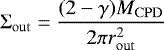 \begin{equation*} \Sigma_{\mathrm{out}} = \frac{(2-\gamma)M_{\mathrm{CPD}}}{2\pi r^2_{\mathrm{out}}} \end{equation*}