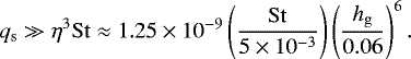 \begin{equation*}q_{\mathrm{s}} \gg \eta^3 \mathrm{St} \approx 1.25\times10^{-9} \left(\frac{\mathrm{St}}{5\times 10^{-3}}\right) \left(\frac{h_{\mathrm{g}}}{0.06}\right)^6. \end{equation*}