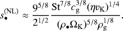 \begin{equation*} s^{\mathrm{(NL)}}_{\bullet} \approx \frac{9^{5/8}}{2^{1/2}} \frac{\mathrm{St}^{7/8} c^{3/8}_{\mathrm{g}} (\eta v_{\mathrm{K}})^{1/4}}{(\rho_{\bullet} \Omega_{\mathrm{K}})^{5/8} \rho^{1/8}_{\mathrm{g}}}. \end{equation*}