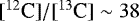 $[^{12}\text{C}]/[^{13}\text{C}] \sim 38$